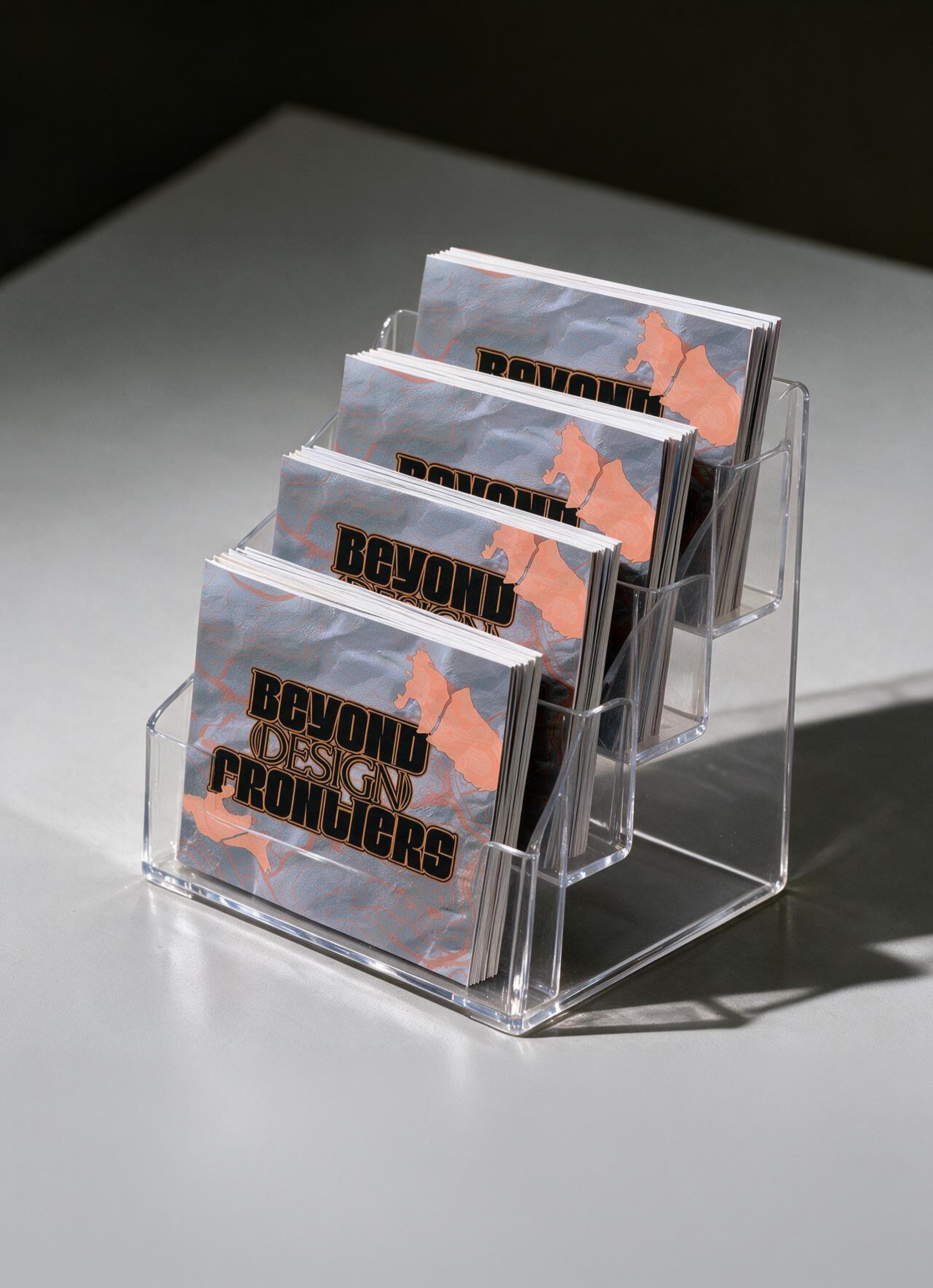 A clear acrylic brochure holder stocked with 'Beyond' exhibition flyers