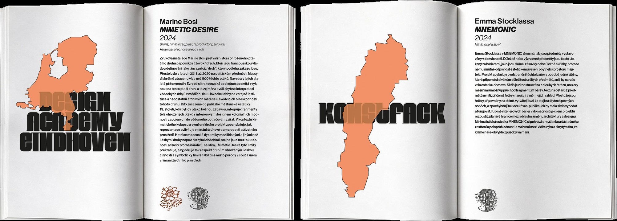 Two open catalog spreads side by side, each featuring an invented island shape over a participating school's name