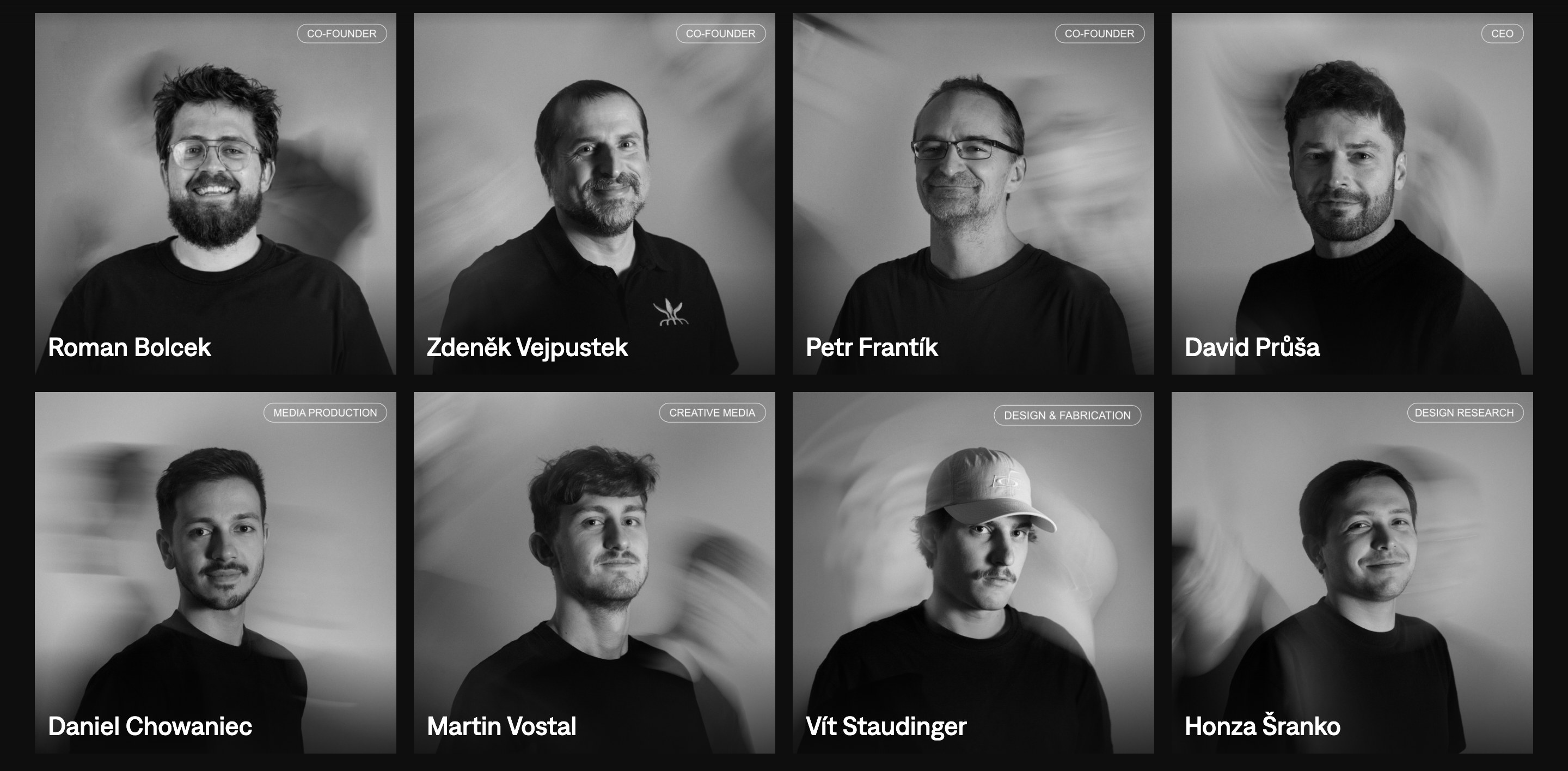 Black and white portrait grid of the eight BIOM team members with their names and roles