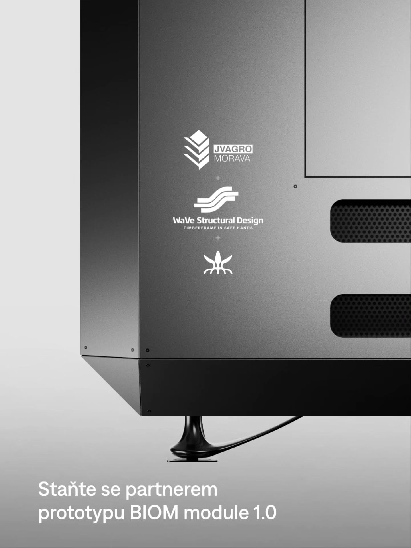 Close-up of a BIOM module's dark paneling with partner logos and the text 'Staňte se partnerem prototypu BIOM module 1.0'