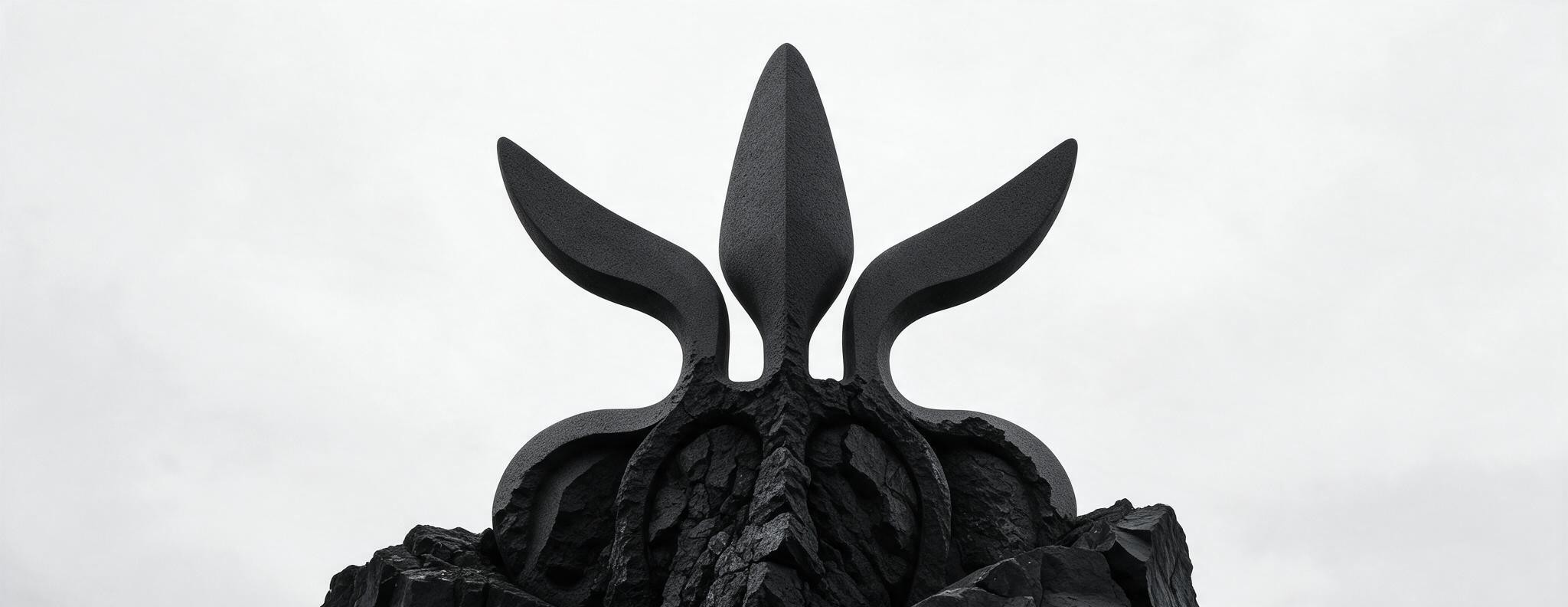 A dramatic black and white photo of the BIOM logo mark rendered as a stone sculpture atop a rock formation