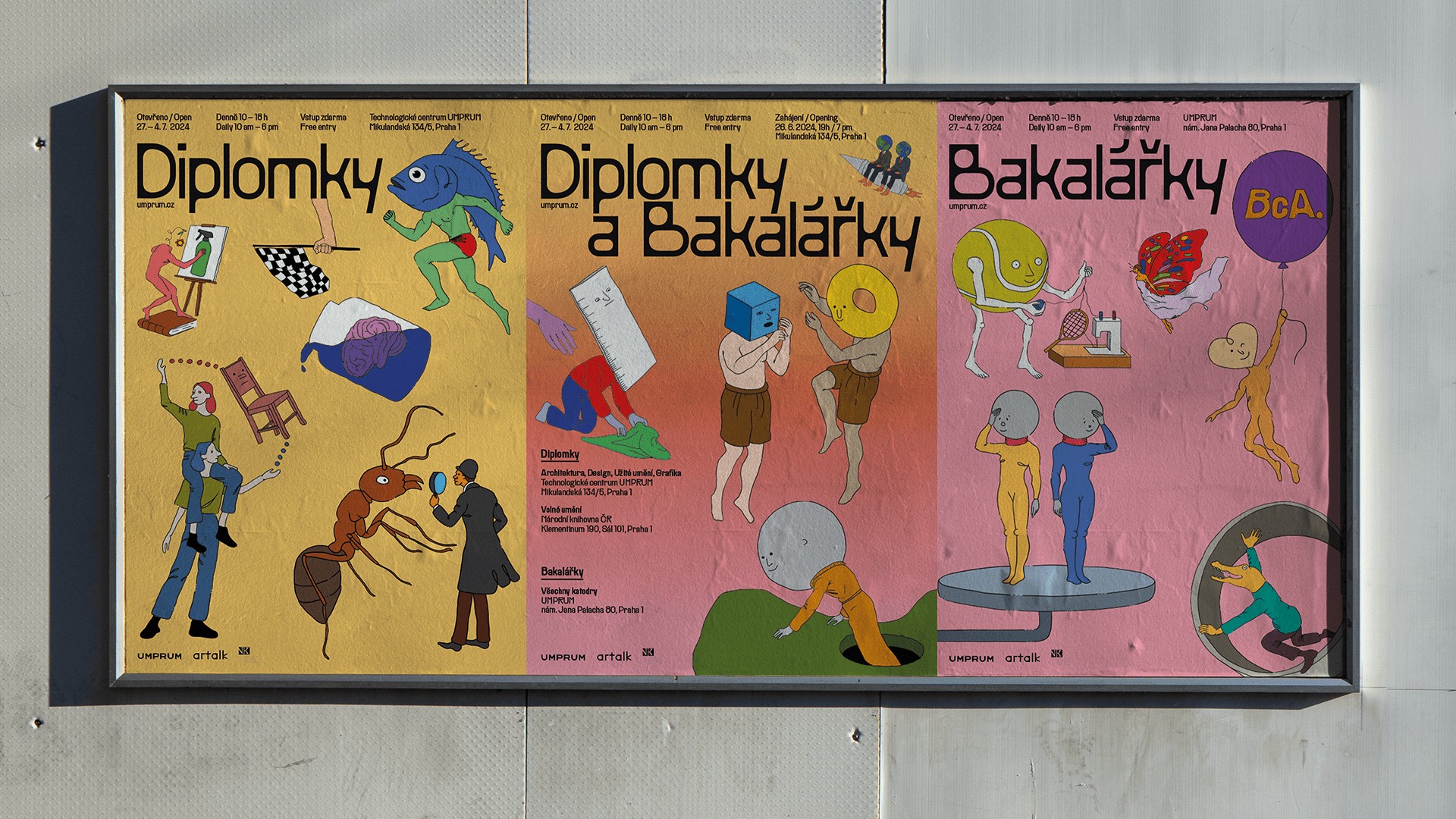 A pink Diplomky a Bakalářky exhibition poster mounted on scaffolding in an industrial gallery space