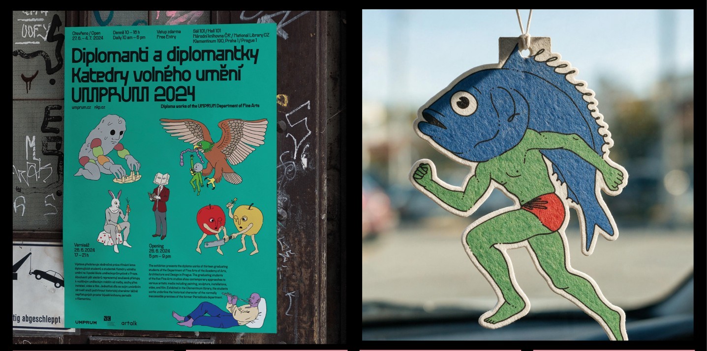A teal exhibition poster listing the UMPRUM Department of Fine Arts graduates, taped to a weathered door, beside a fish-headed character charm hanging in a car window