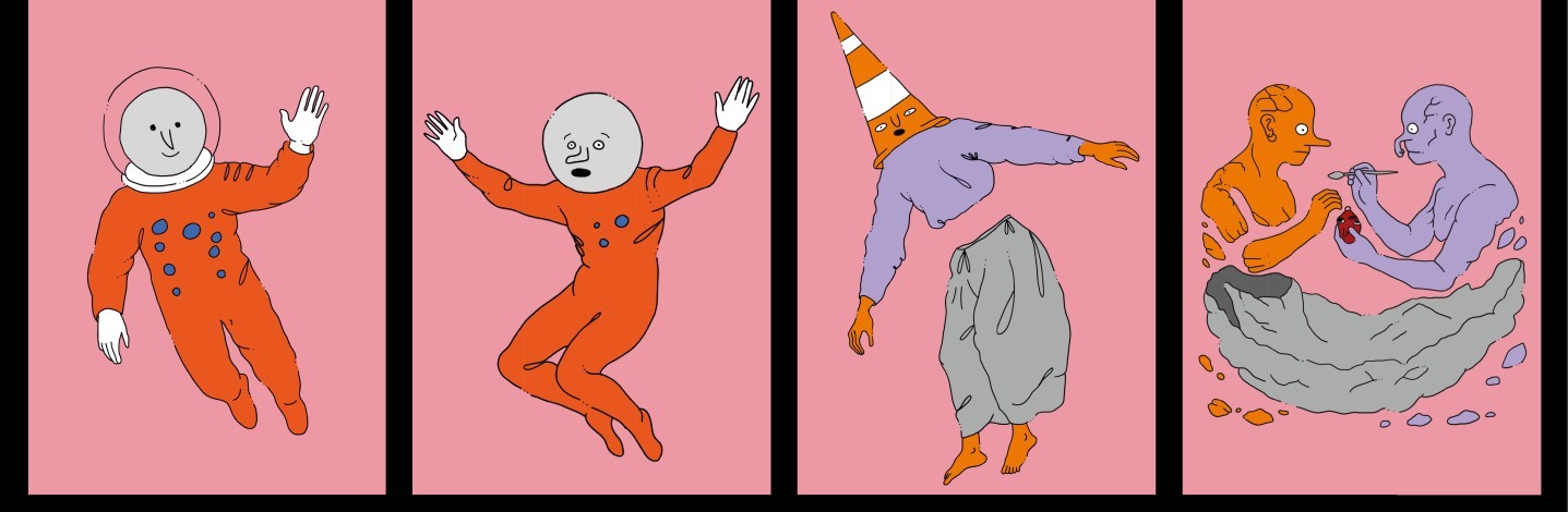 Four crayon-drawn character illustrations on pink backgrounds: two astronaut-like figures, a traffic-cone-headed figure, and two figures examining a heart