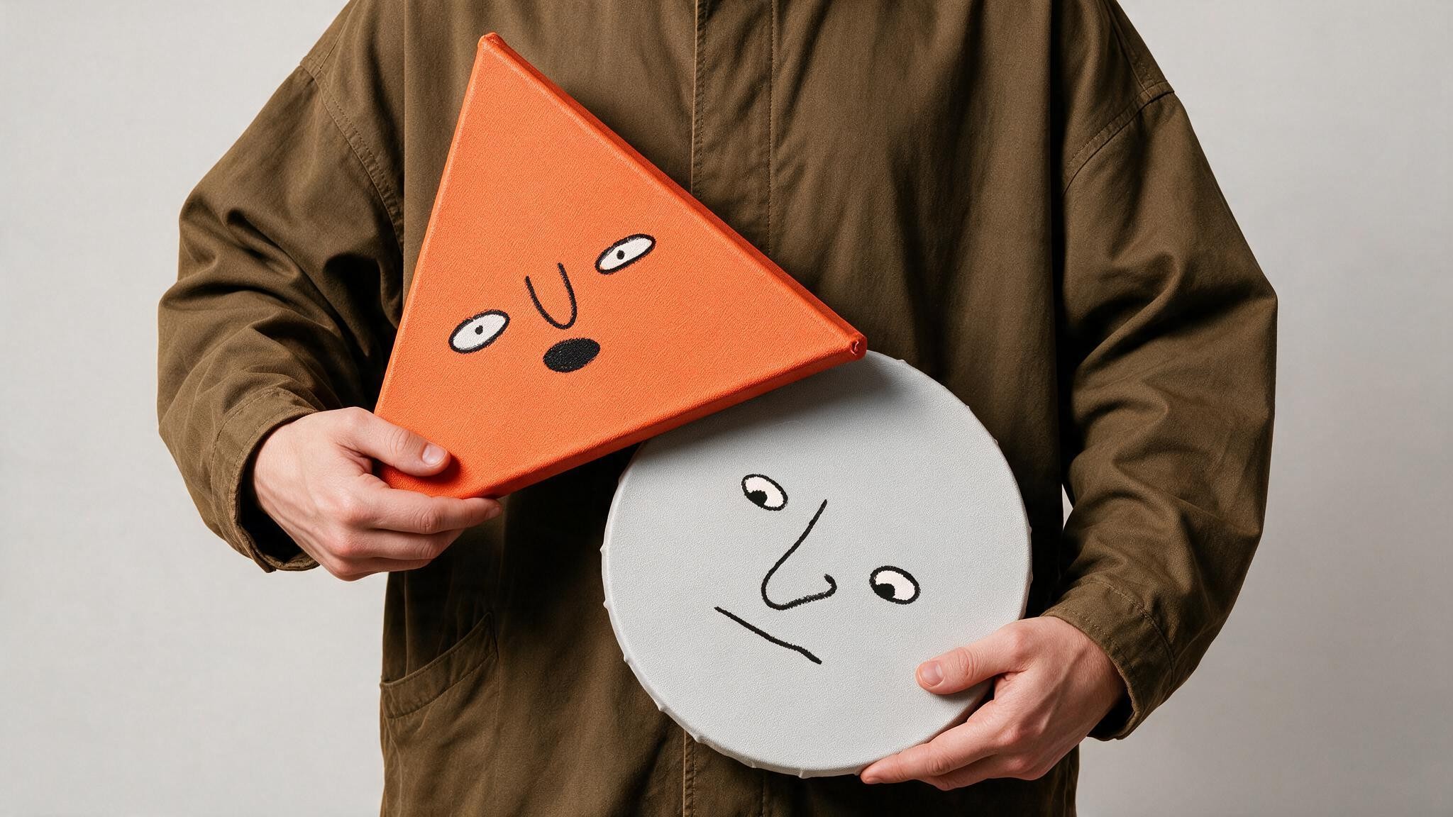A person wearing a large brown triangular hat holding an illustrated round mask with a simple face drawn on it