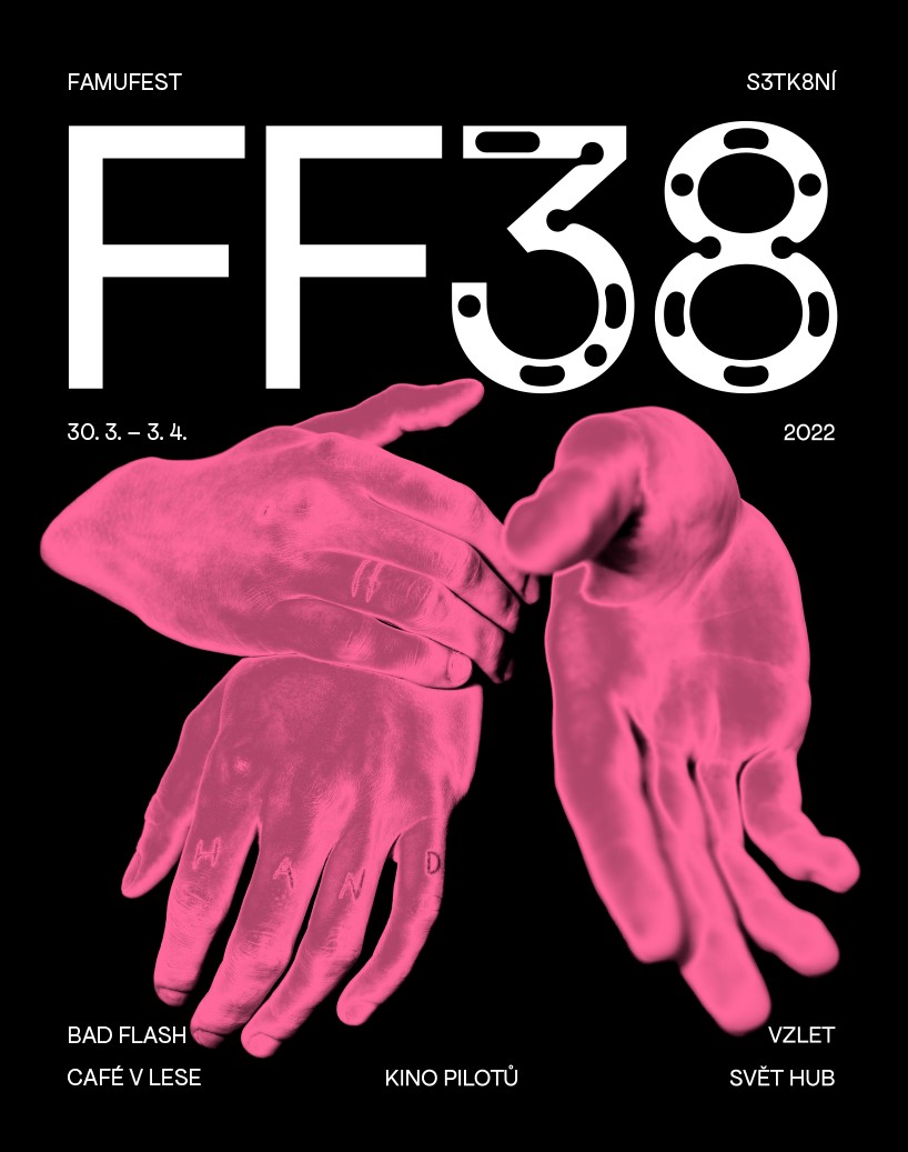 Pink FF38 festival poster with intertwined hands and a list of venues and dates