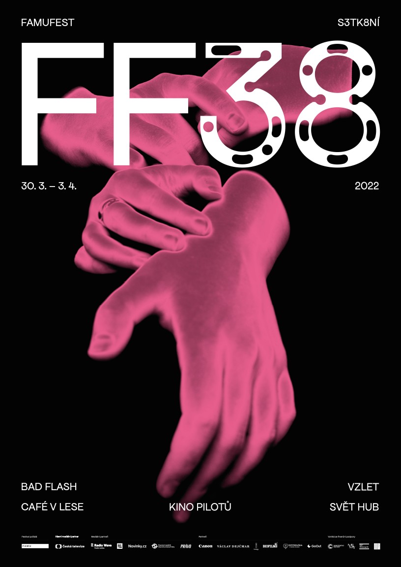 Pink FF38 festival poster close-up on intertwined hands