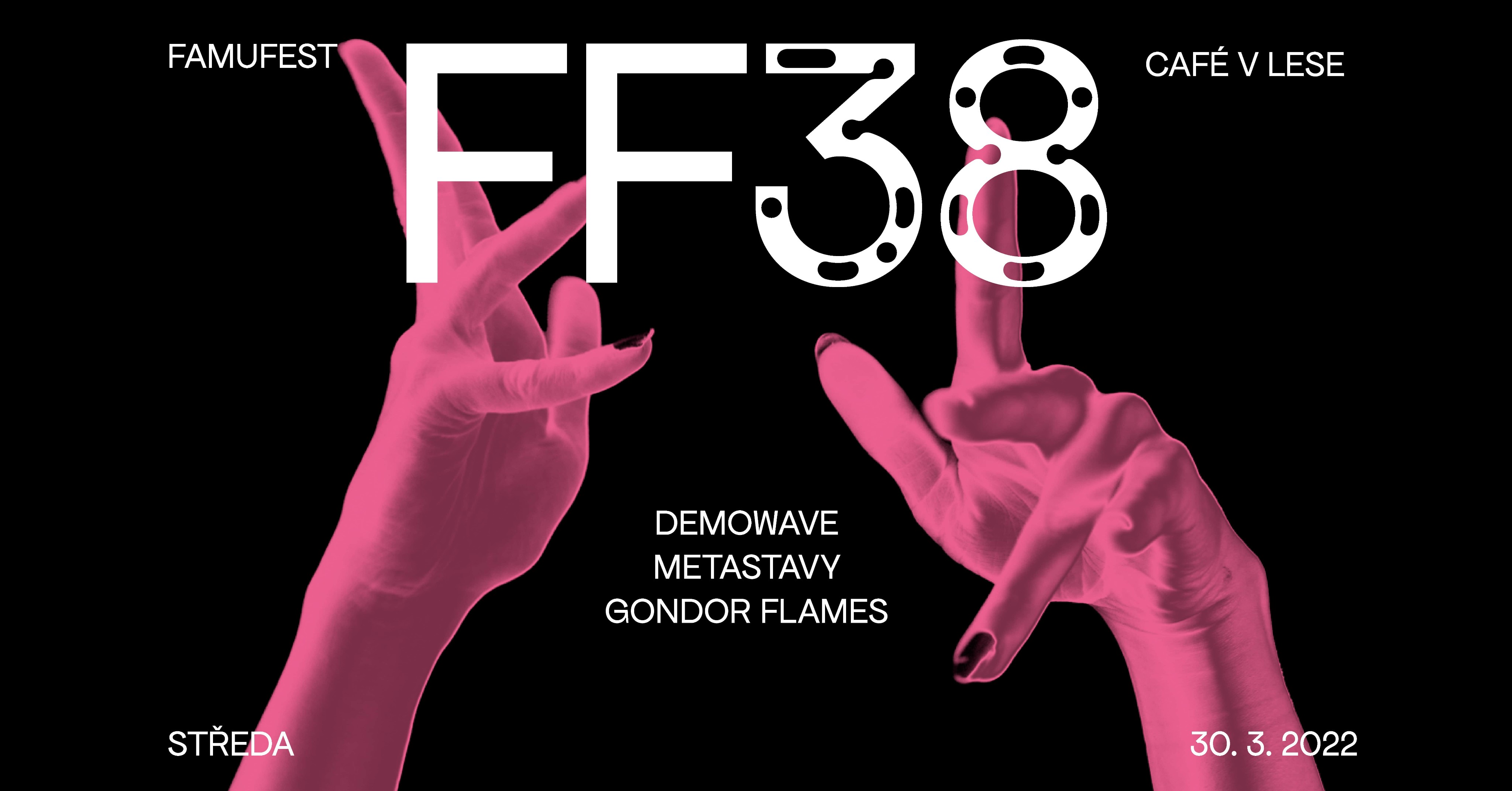 An FF38 poster with intertwined pink hands displayed on a citylight billboard on a city street at dusk