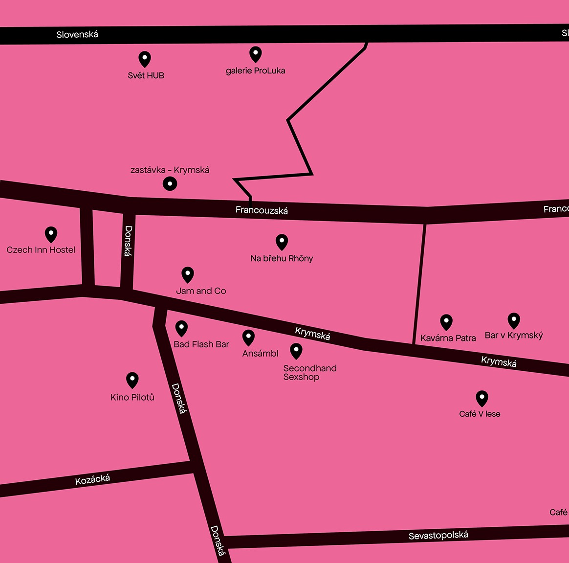 A pink illustrated map of the festival's neighborhood, marking nearby venues, bars and cafes