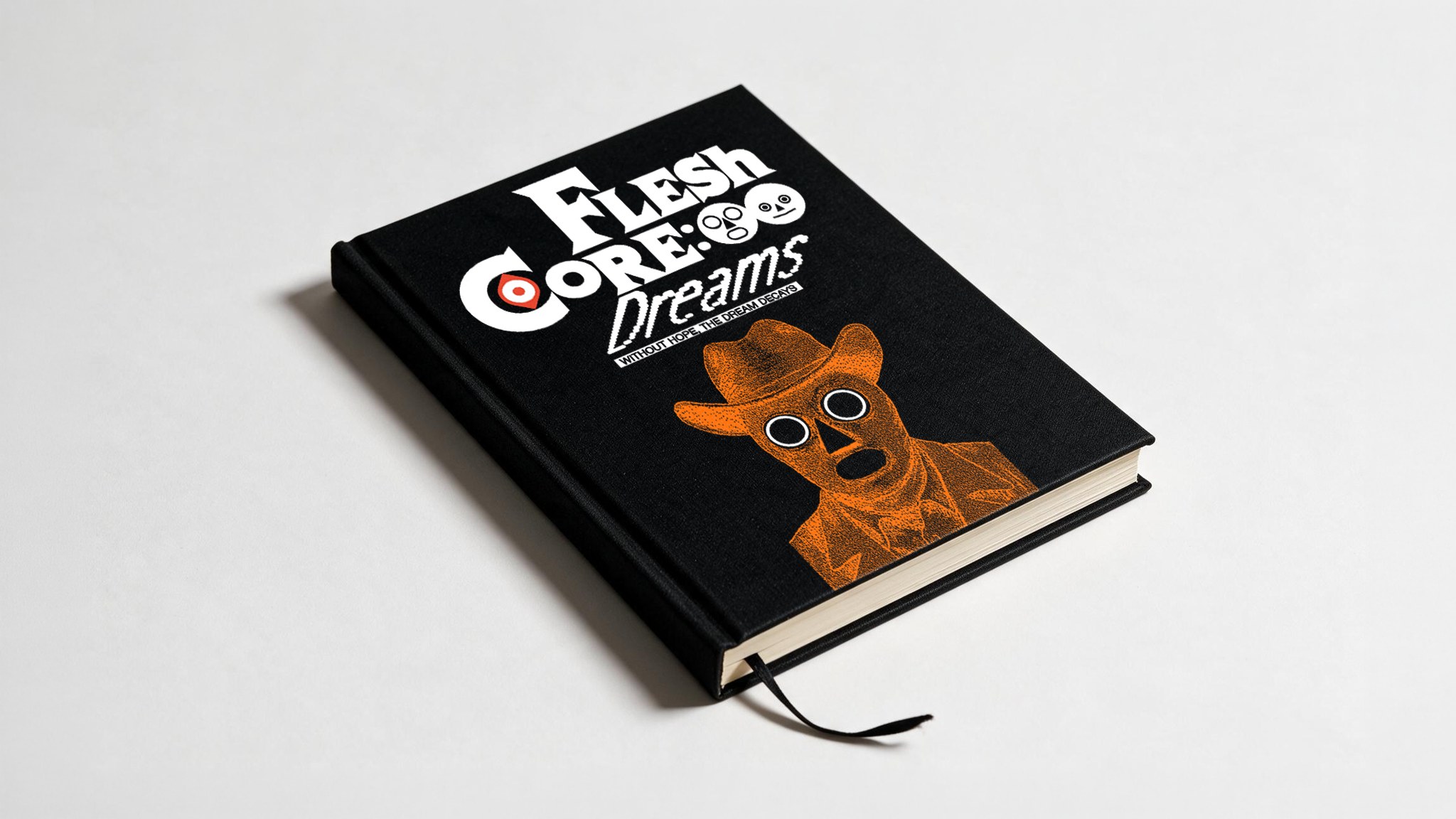 Black hardcover of FleshCore: Dreams, embossed with a hooded, mask-faced figure