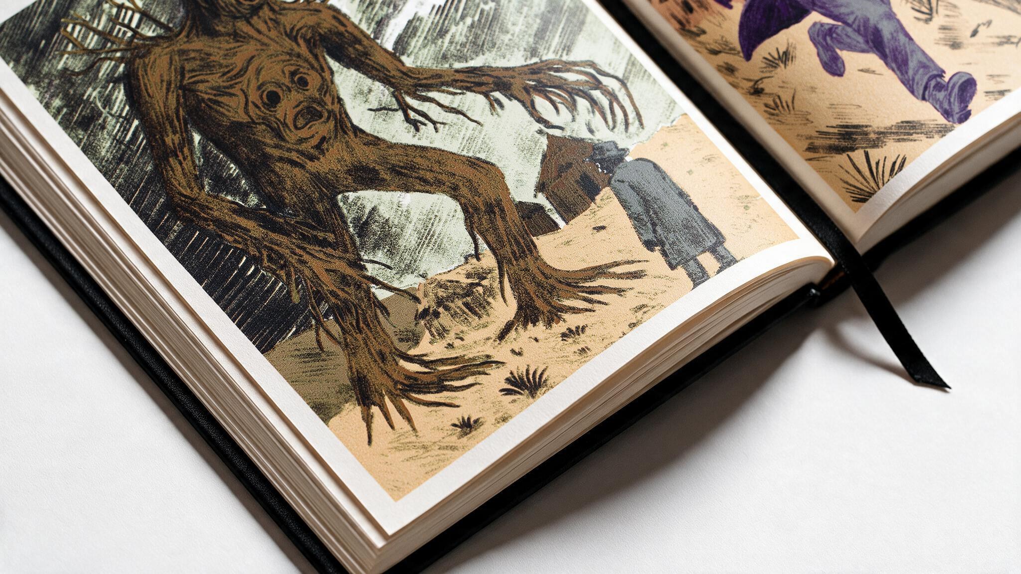 Open book spread showing a huge clawed creature reaching down over a fleeing figure in a forest