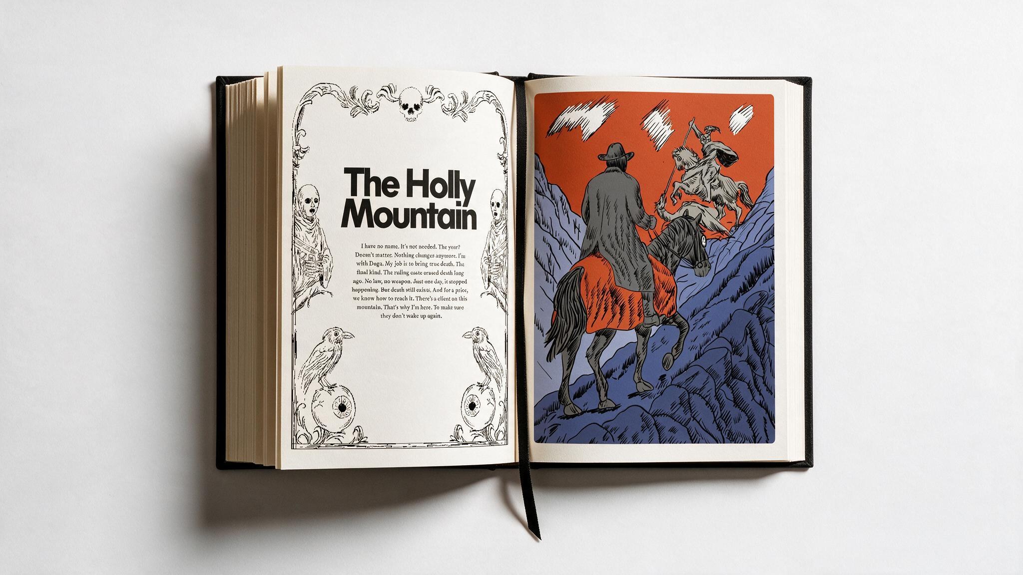 Open book spread: an ornately bordered text page titled 'The Holly Mountain' beside an illustration of two riders on horseback under a night sky