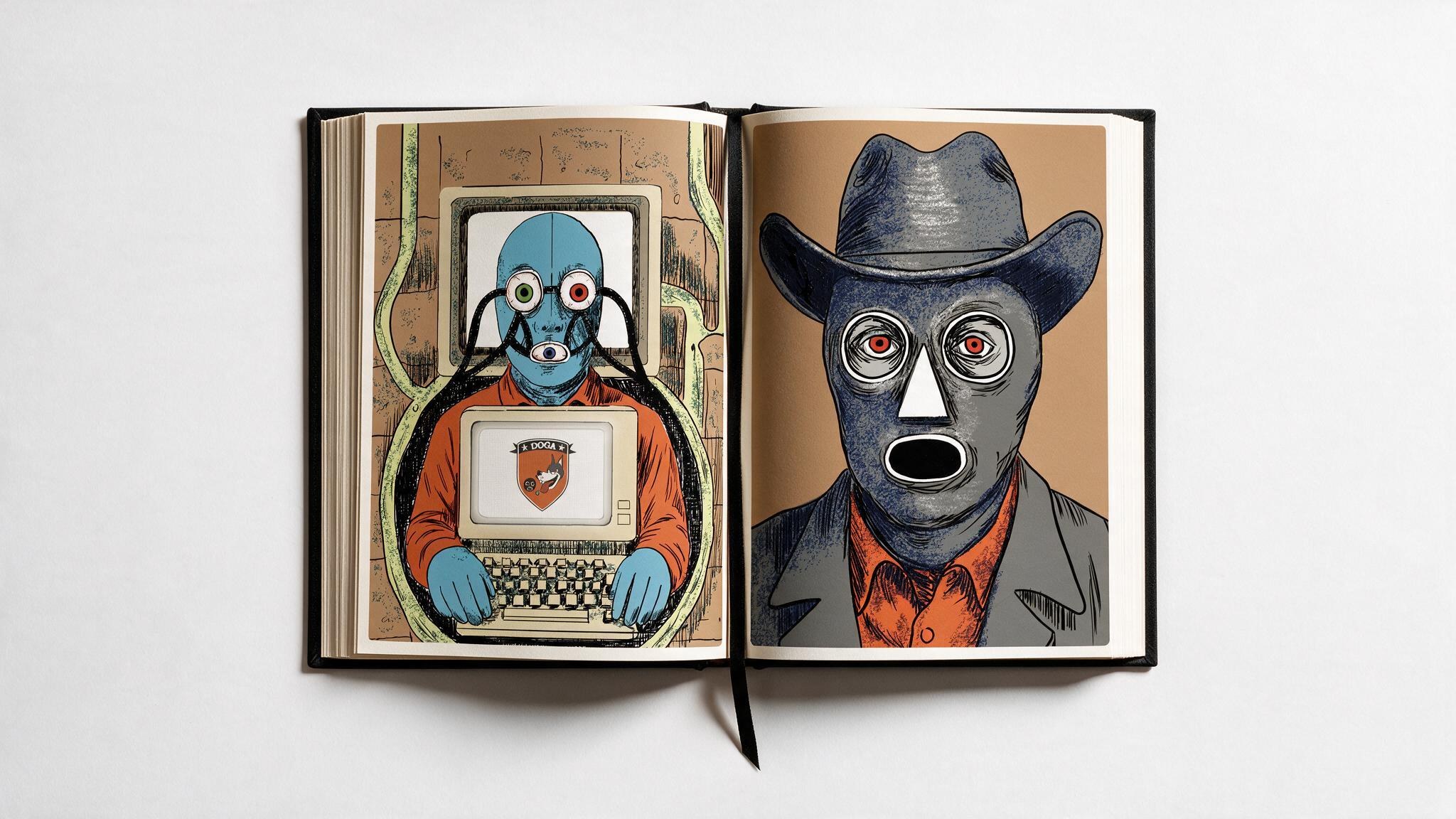 Open book spread: a masked figure wired into a computer terminal beside a portrait of a mask-faced man in a wide-brim hat