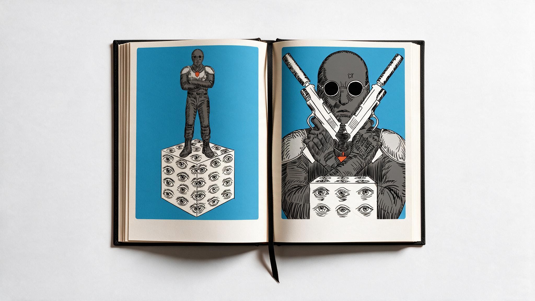 Open book spread: a figure standing atop a cube covered in eyes beside another figure crossing two guns over the same eye-covered cube