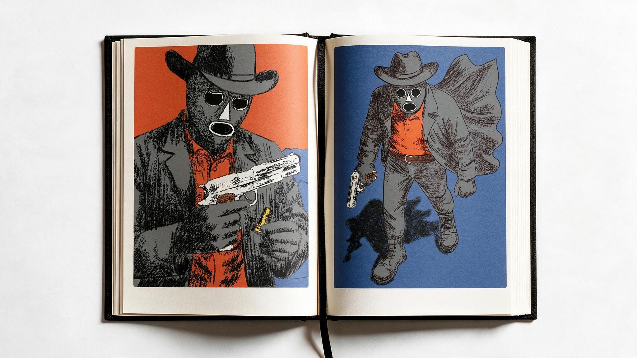 Open book spread: a mask-faced gunslinger holding a pistol beside the same character walking away against a blue background