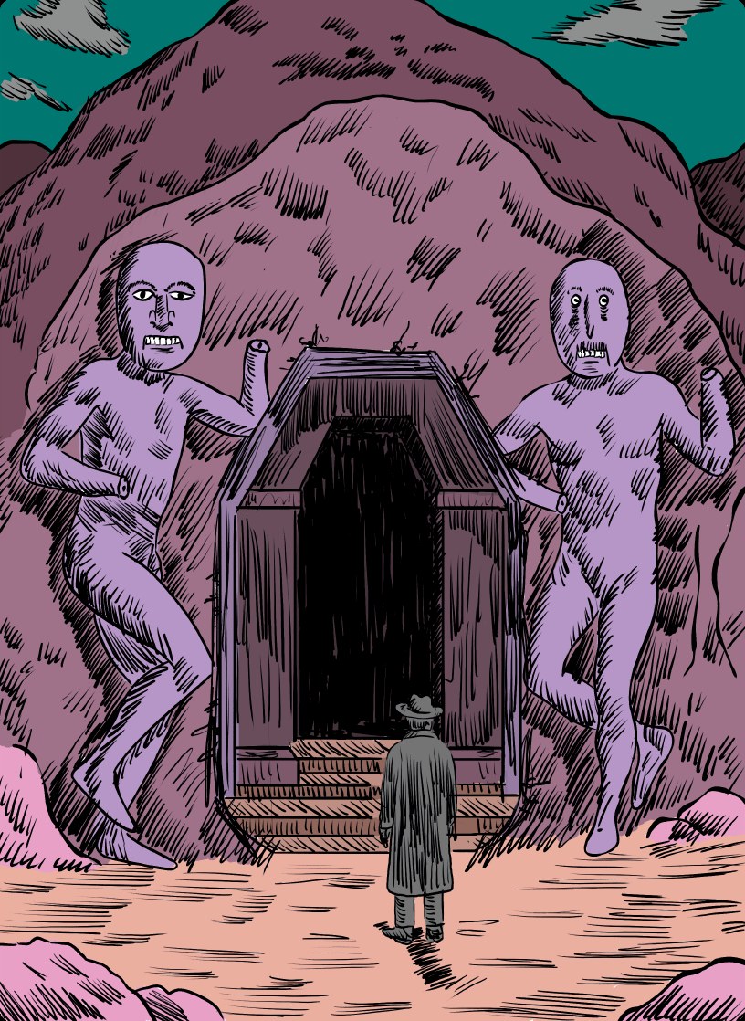 A hooded figure approaching a stone doorway flanked by two crouched pale humanoid guardians