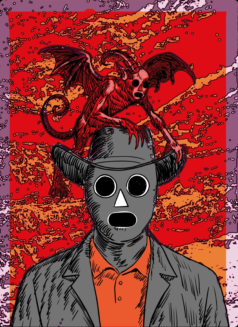 A gray mask-faced figure in a suit set against a fiery red and orange background