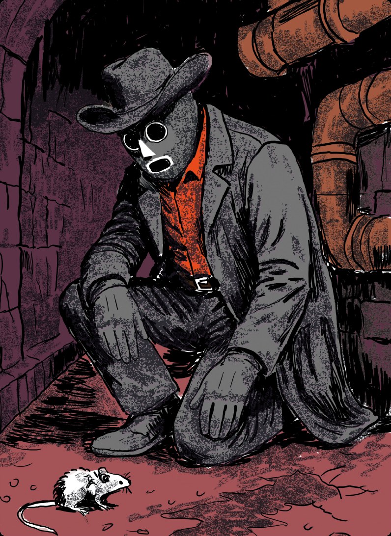 A hooded figure crouched in a pipe-lined tunnel beside a rat