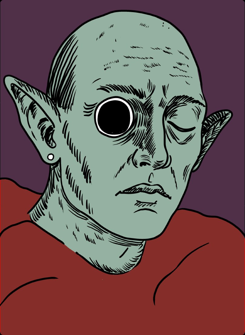 Close-up portrait of a pale green humanoid head with one eye closed, against a maroon background