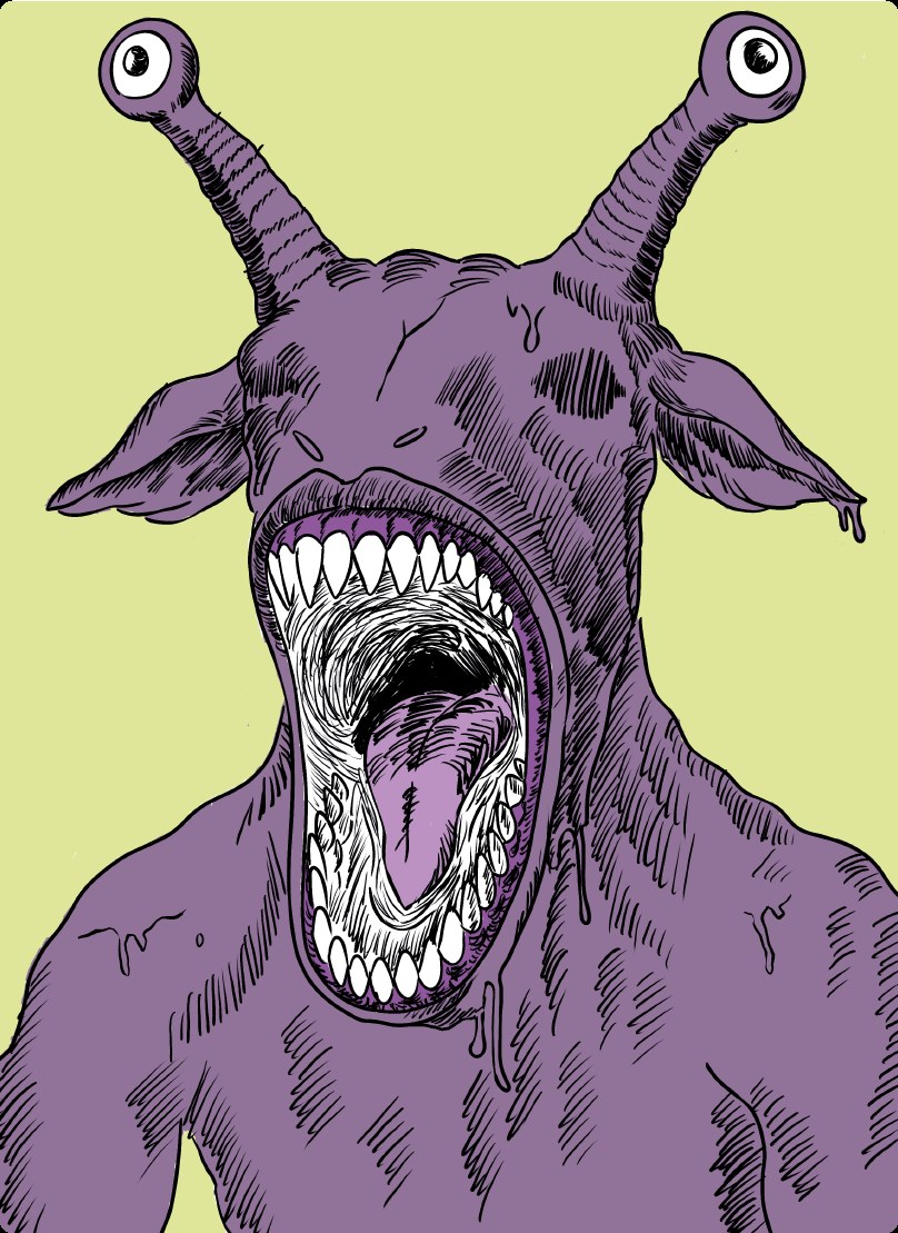 A horned purple creature screaming with its mouth wide open, against a yellow background