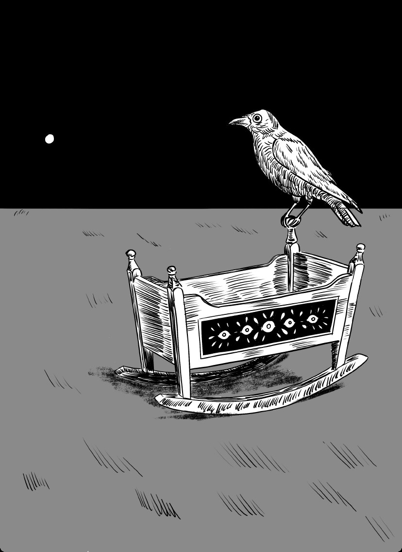 A crow perched on an ornate empty crib at night