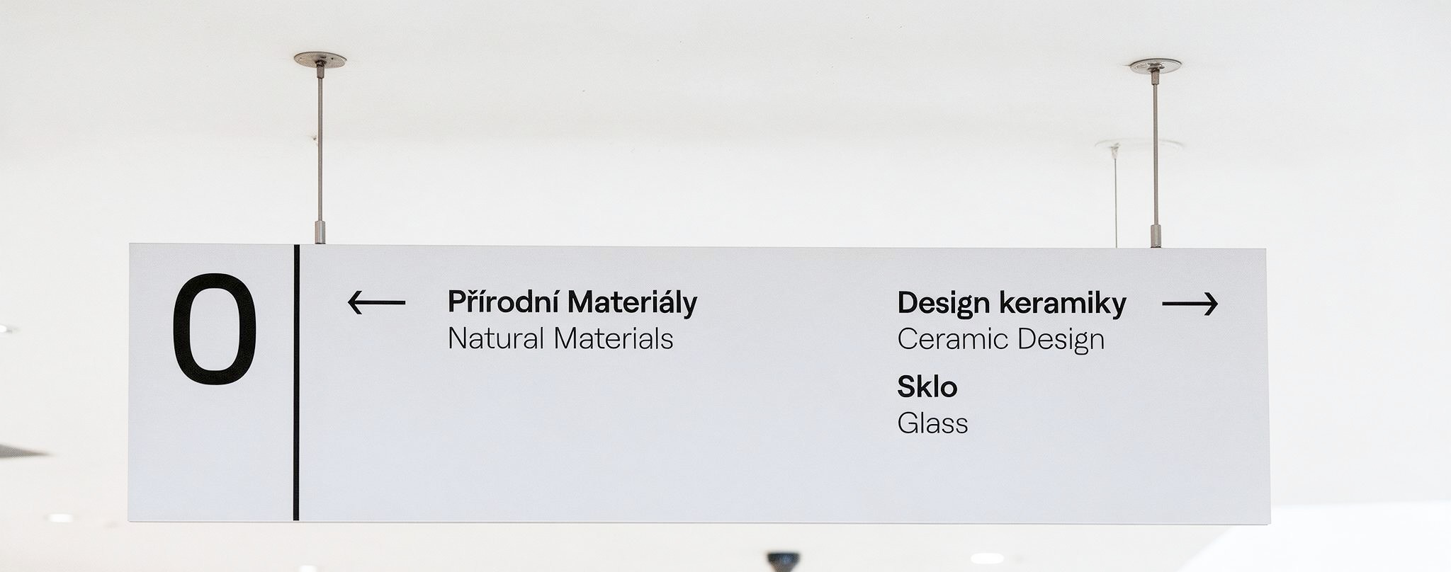 A ceiling-hung floor directory sign reading '0', with arrows pointing to Natural Materials, Ceramic Design and Glass departments