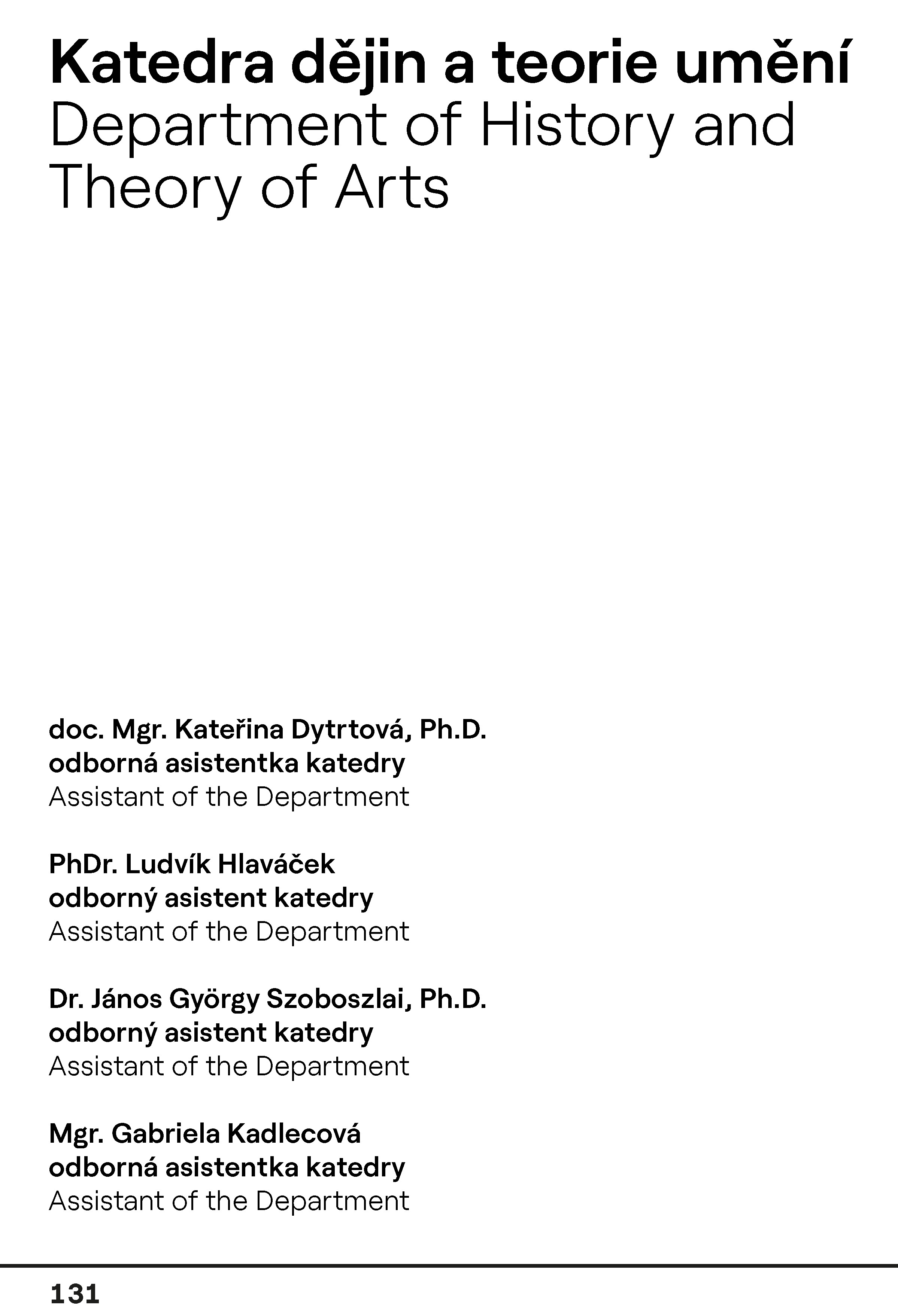 A floor directory page for the Department of History and Theory of Arts listing staff names, numbered 131
