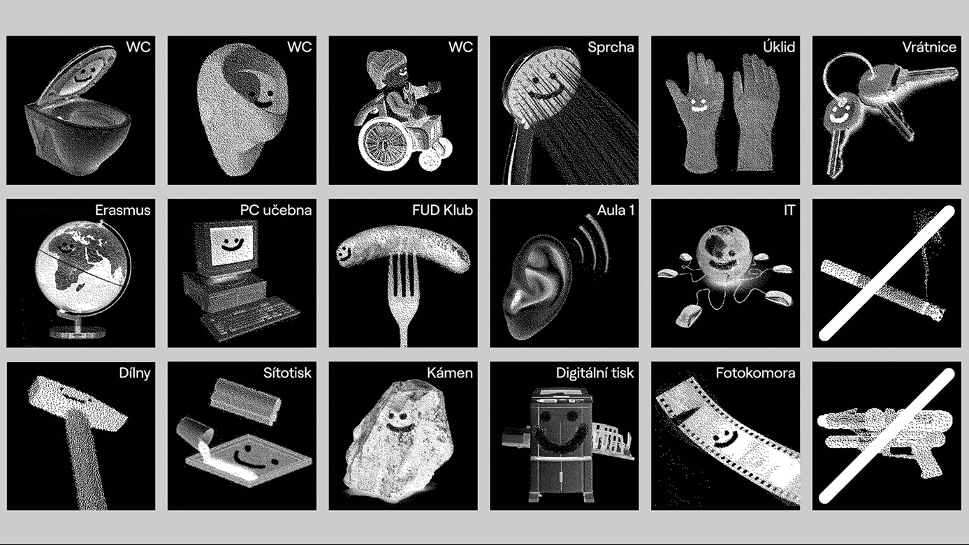 A grid of eighteen custom pictograms with playful smiling faces for WC, Shower, Cleaning, Reception, Erasmus, Computer Room, FUD Club, Auditorium, IT, No Smoking, Workshops, Screen Printing, Kámen, Digital Print, Darkroom and No Weapons