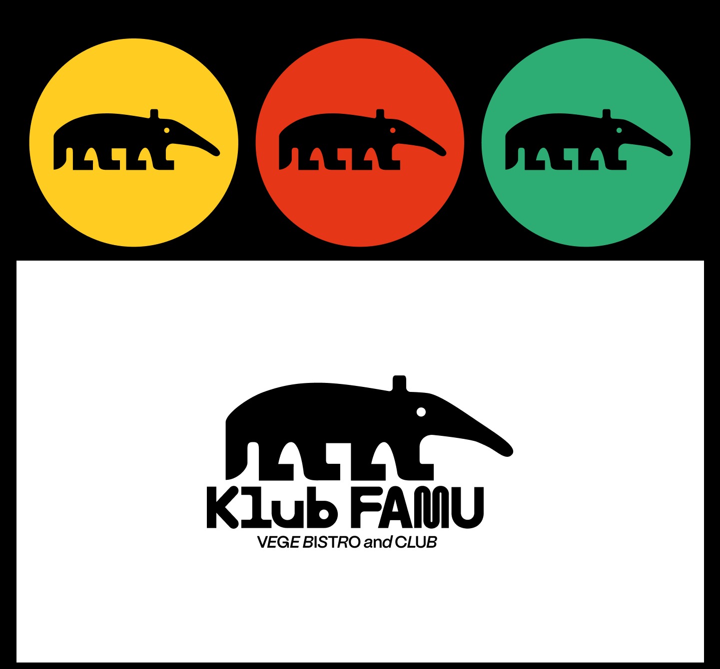 Three color-coded anteater mascot roundels above the KlubFamu logo, wordmark and 'Vege bistro and club' tagline on white