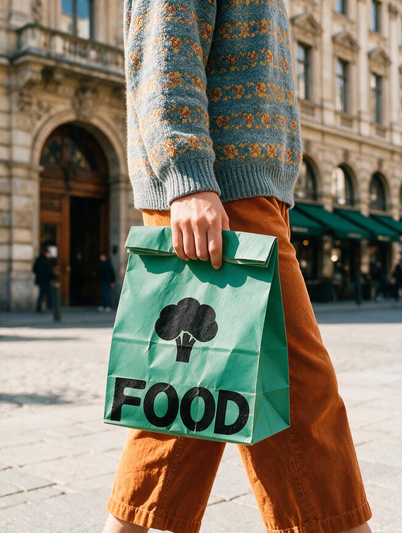 A hand holding a metal tray of food up in front of a building