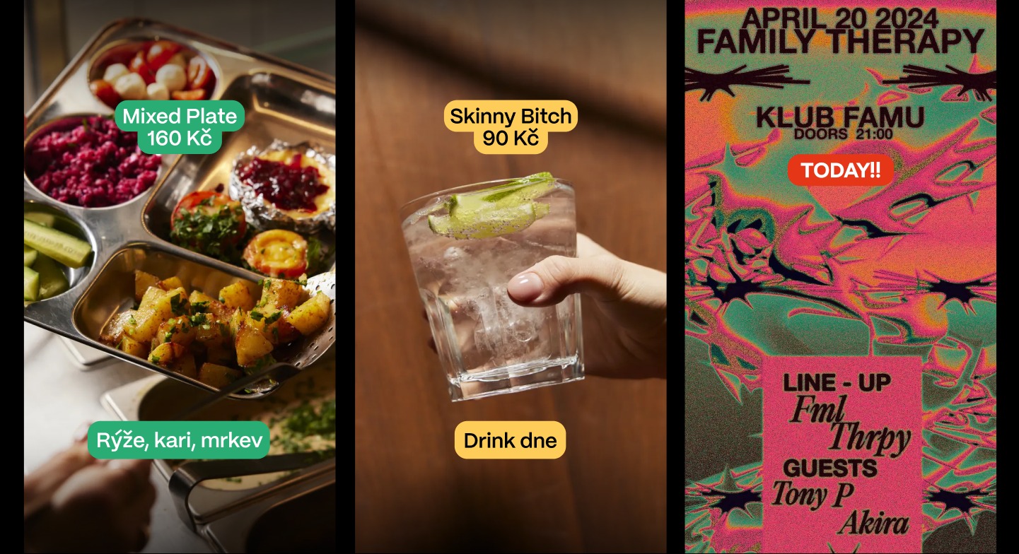 Three Instagram Story graphics: a mixed food plate labeled 'Mixed Plate 160 Kč', a cocktail labeled 'Skinny Bitch 90 Kč', and an event poster for Family Therapy at Klub FAMU marked 'Today!!'