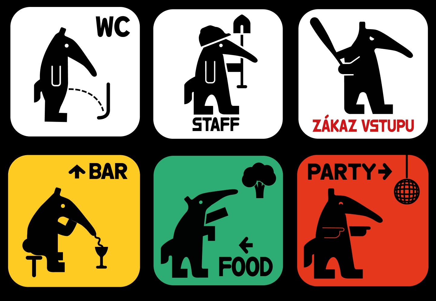 Six rounded signage icons of the anteater mascot: WC, Staff, Zákaz vstupu, Bar, Food, and Party, each color-coded