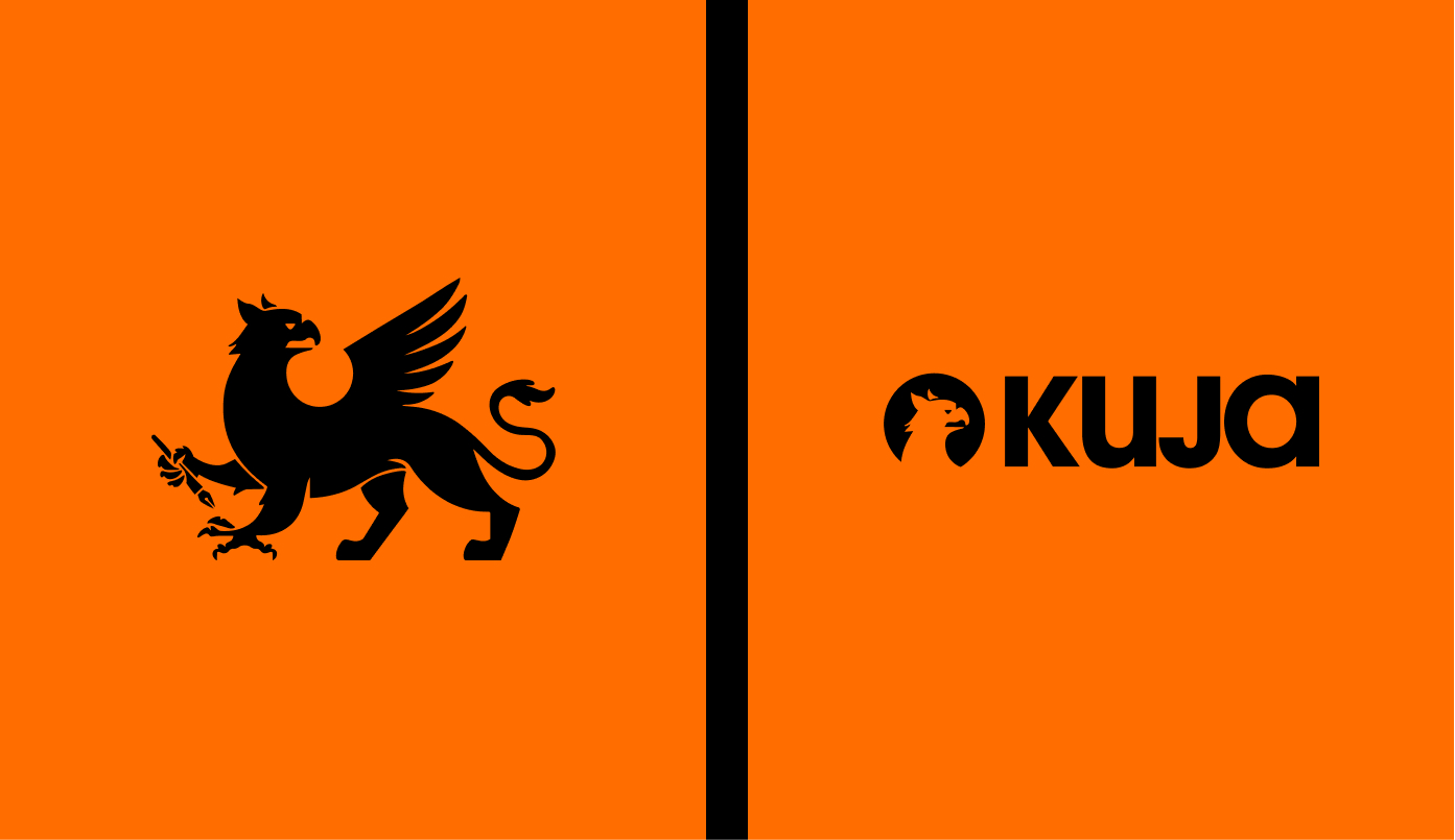 Two orange panels: the Kuja griffin mark on the left, the full Kuja wordmark lockup on the right