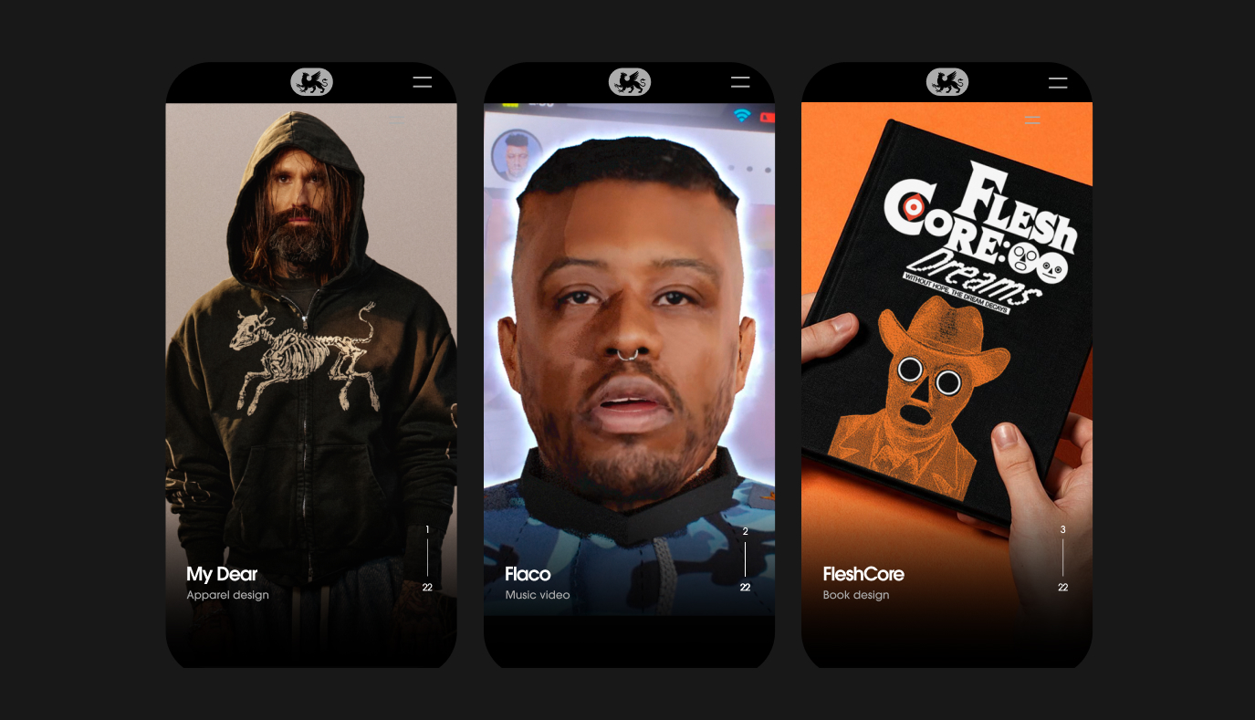 Three phone screens from the Kuja portfolio site showing the My Dear, Flaco, and FleshCore project pages