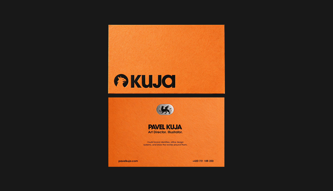 Kuja business card: the front on orange with the griffin-and-wordmark logo, the back listing Pavel Kuja, Art Director and Illustrator, with contact details