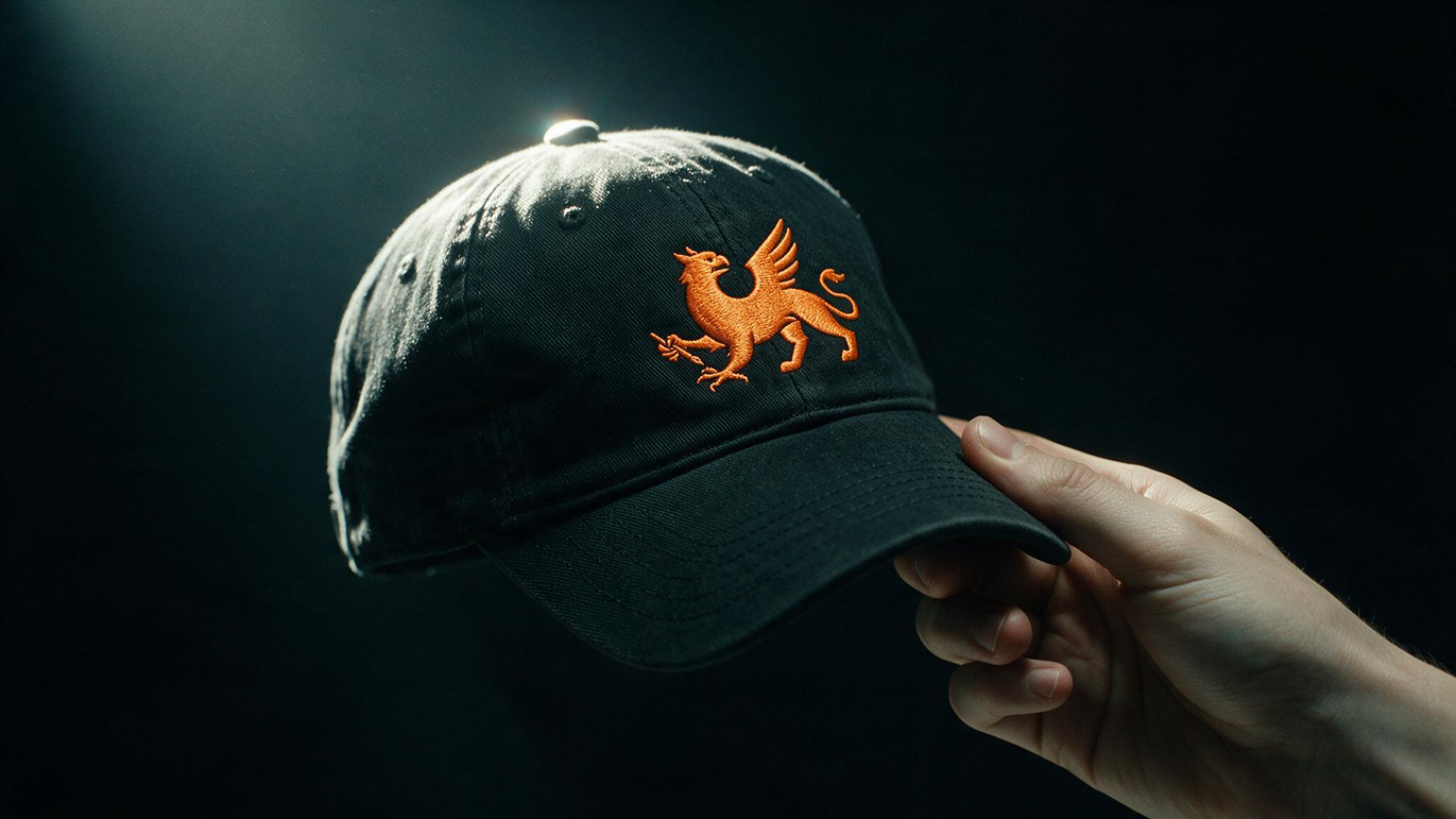 A dark cap with the Kuja griffin mark embroidered in orange, held up by hand