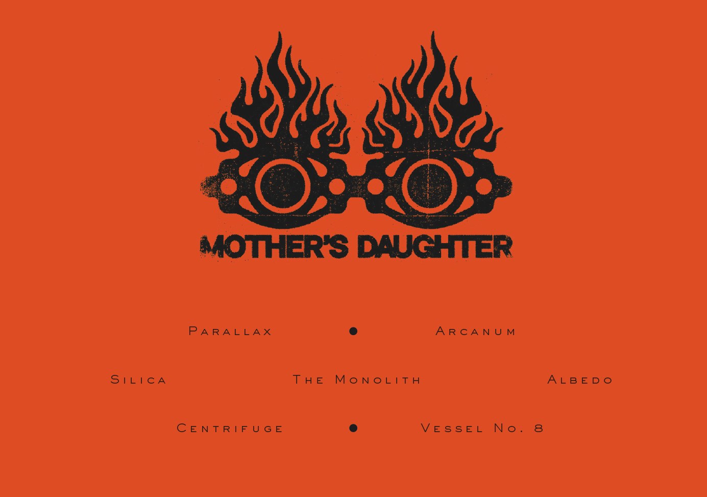 An orange poster with a flaming-eyed mask graphic, the 'Mother's Daughter' wordmark, and a tracklist