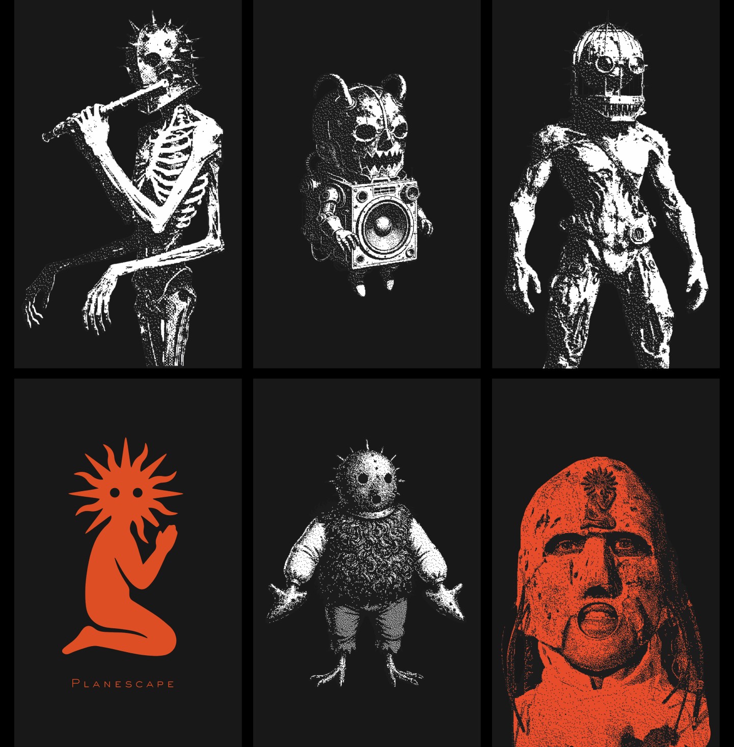 Six black-and-white and orange illustrations of alien band members in Mother's Daughter's mythology, including a flute-playing skeleton and a boombox-headed creature