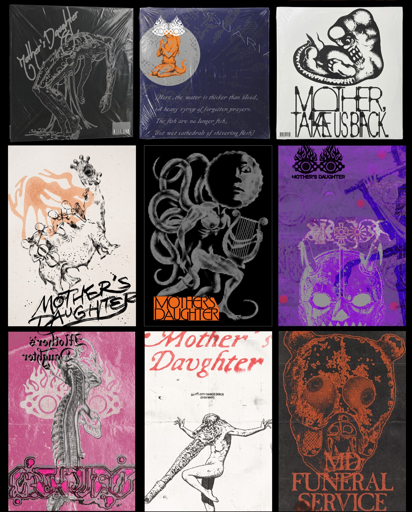 Nine Mother's Daughter album cover and poster designs in varied styles and colors, all featuring the band's recurring creature motifs