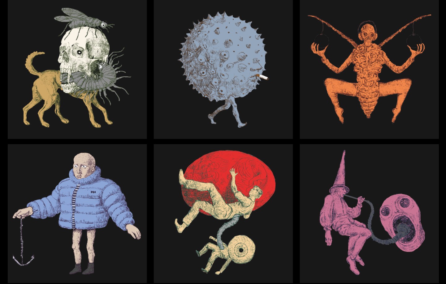 Six surreal creature illustrations on black, including a two-headed dog, a spiked sphere smoking a cigarette, and a figure in a blue puffer jacket holding an anchor