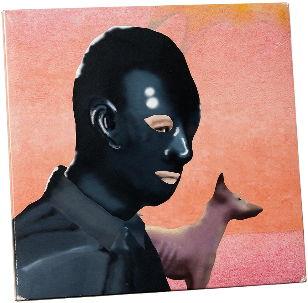 A tilted vinyl record sleeve with a masked black figure and a hairless dog against a pink gradient background