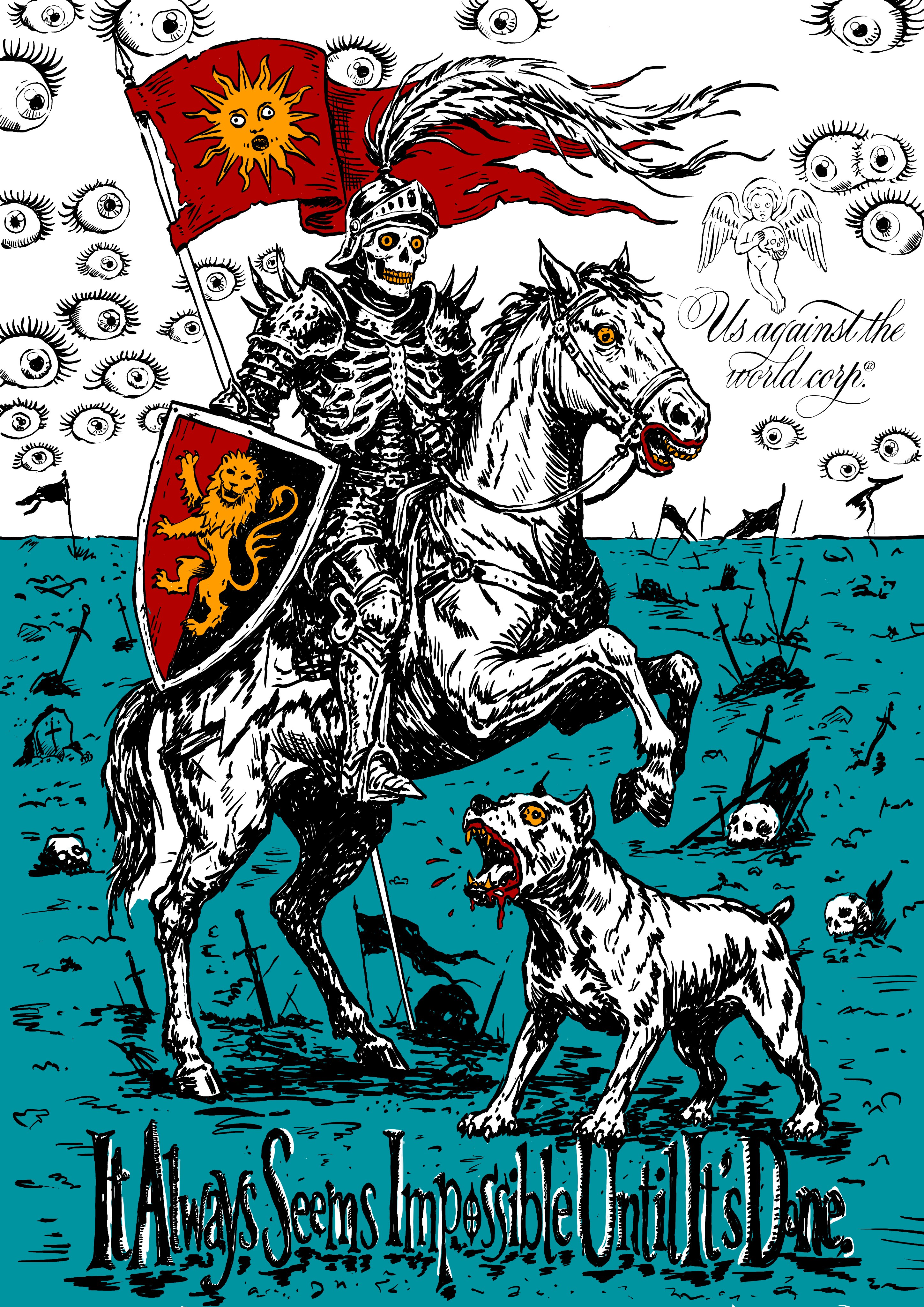 A tall illustration sheet moving from wide-eyed monster drawings into a colorful skeletal knight riding a horse, banner in hand