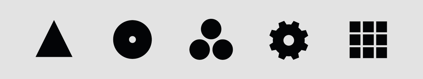A row of five geometric marks: triangle, circle, three dots, gear and grid, on light gray