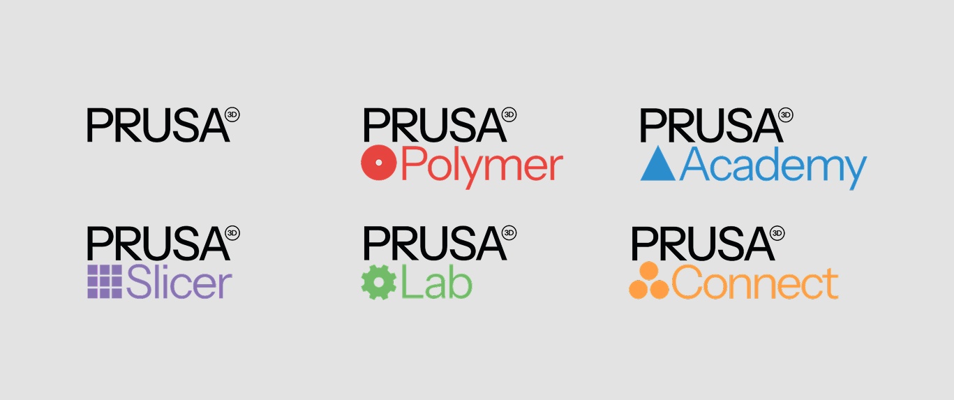 Six PRUSA3D sub-brand lockups, each with its own colored geometric mark: Polymer, Academy, Slicer, Lab and Connect, on light gray