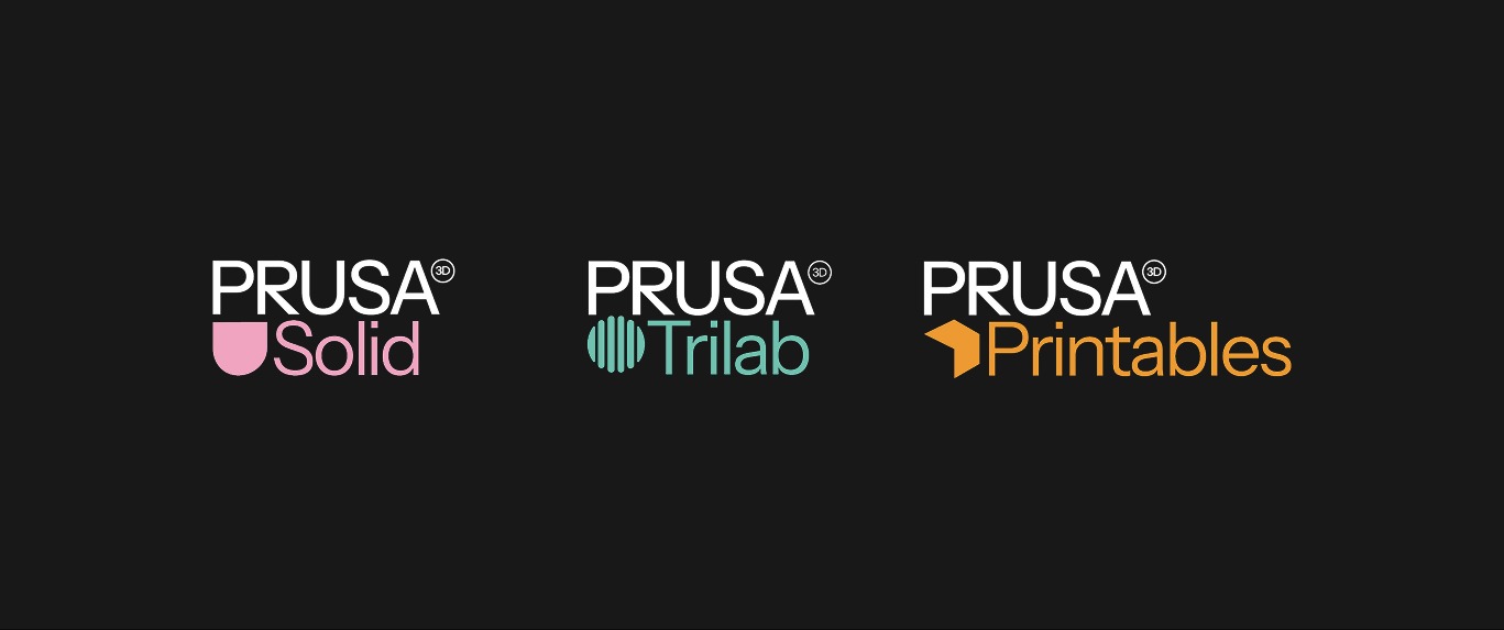 Three sub-brand logos on black: PRUSA Solid, PRUSA Trilab and PRUSA Printables, each with its own colored geometric mark