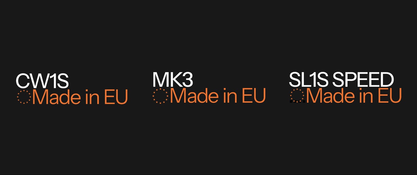 Product names CW1S, MK3 and SL1S Speed, each marked 'Made in EU'