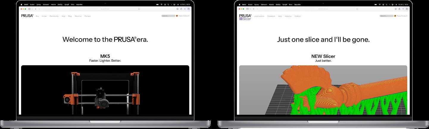 Two laptops side by side: one announcing 'Welcome to the PRUSA era, MK5' with a printer render, the other showing the new Slicer's 3D print preview in orange and green