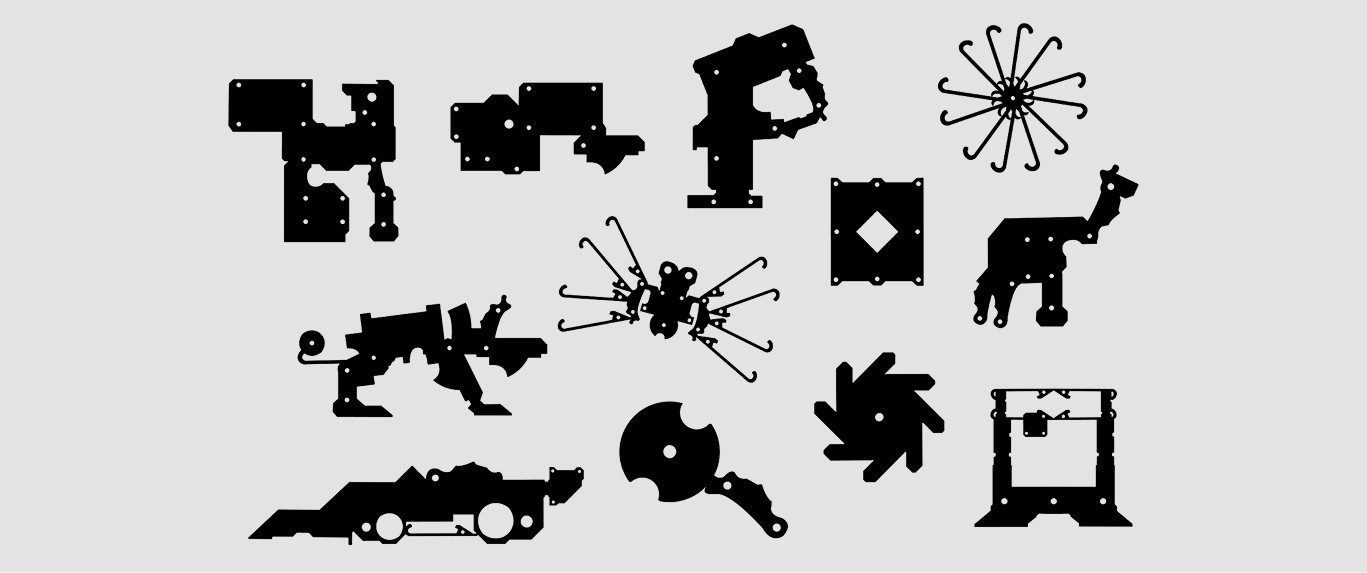 A grid of black silhouette ornaments built from printer parts, recombined into shapes like a camel, a spider and a fan, on light gray