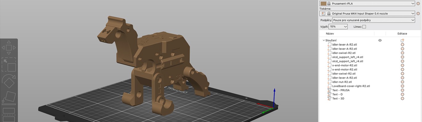 A 3D-printed camel figurine on a print bed, shown beside a slicer software interface listing its component parts