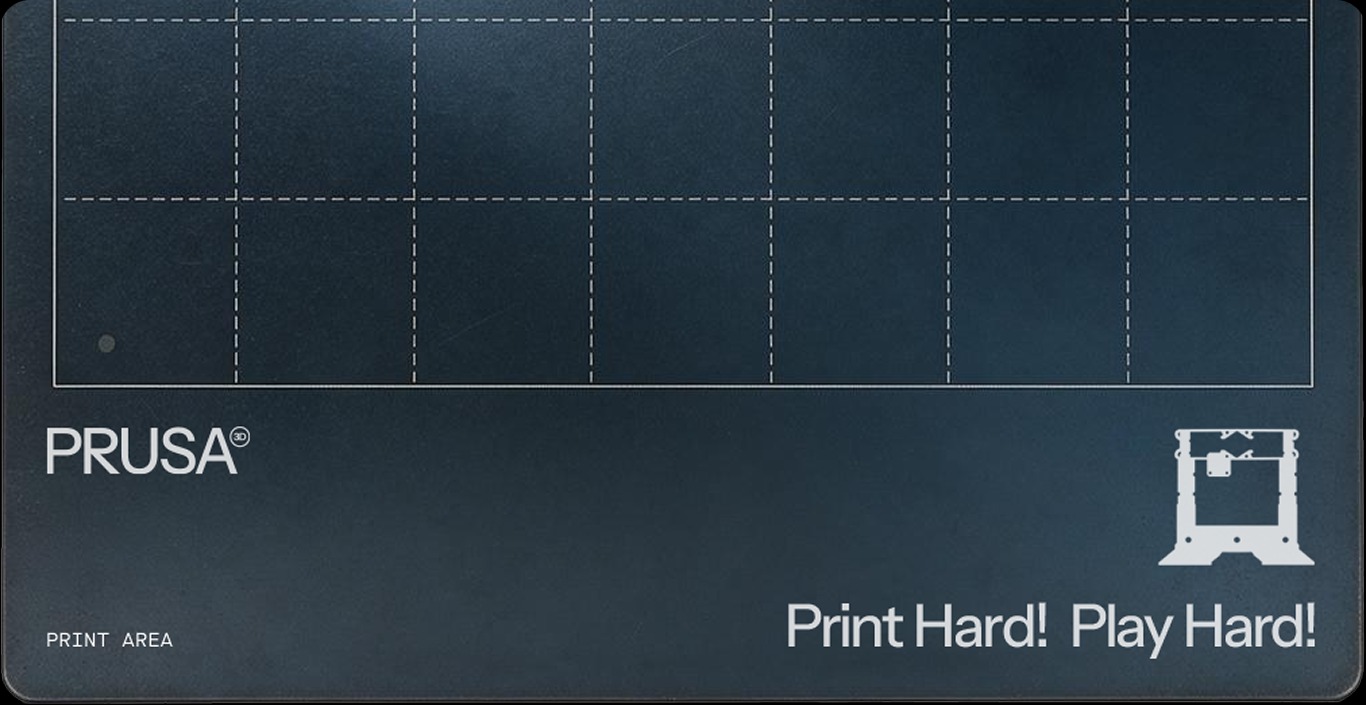 A dark blue PRUSA print-bed-styled card reading 'Print Hard! Play Hard!' with the PRUSA logo and printer icon